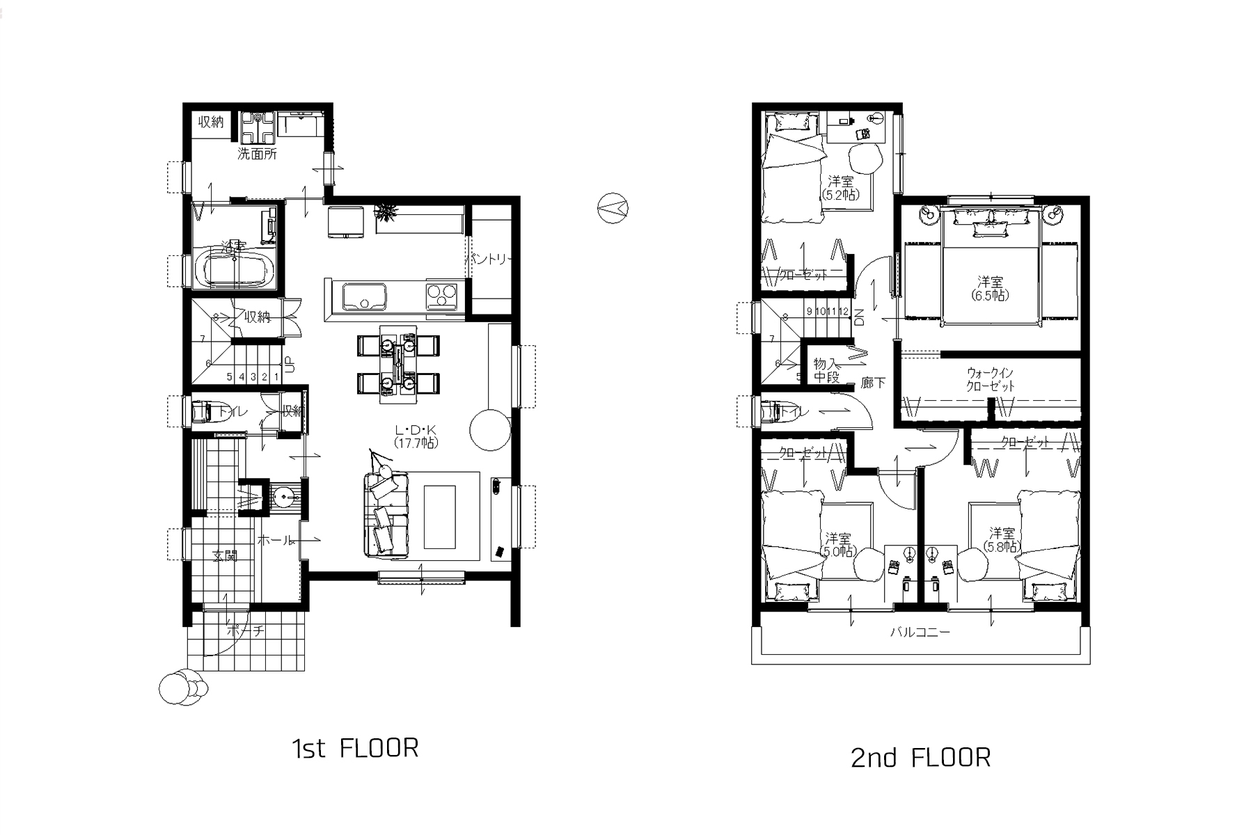 木造２階建て　間取り　間取り図 ４LDK 玄関　シューズクローク　回遊動線 デザイン・性能・機能のベストバランス 建替え住み替えなどもご相談ください。 Beans Home 大阪府大阪市城東区蒲生３丁目１１−９ 新築・注文住宅・狭小住宅・モデルハウス 豊中モデルハウスオープン