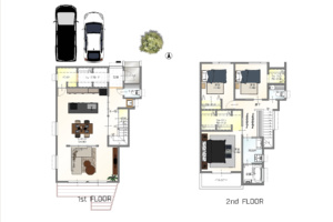 「玄関からリビングへ向かう動線と、パントリーを通ってキッチンへ向かう『2方向の動線』を確保したプラン。買い物帰りの荷物整理もスムーズに行え、生活感が出やすいキッチン周りをスッキリ保てます。」