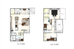 吹き抜けとスタディースペースがある、パントリー・キッチン直通の機能的な注文住宅間取り図