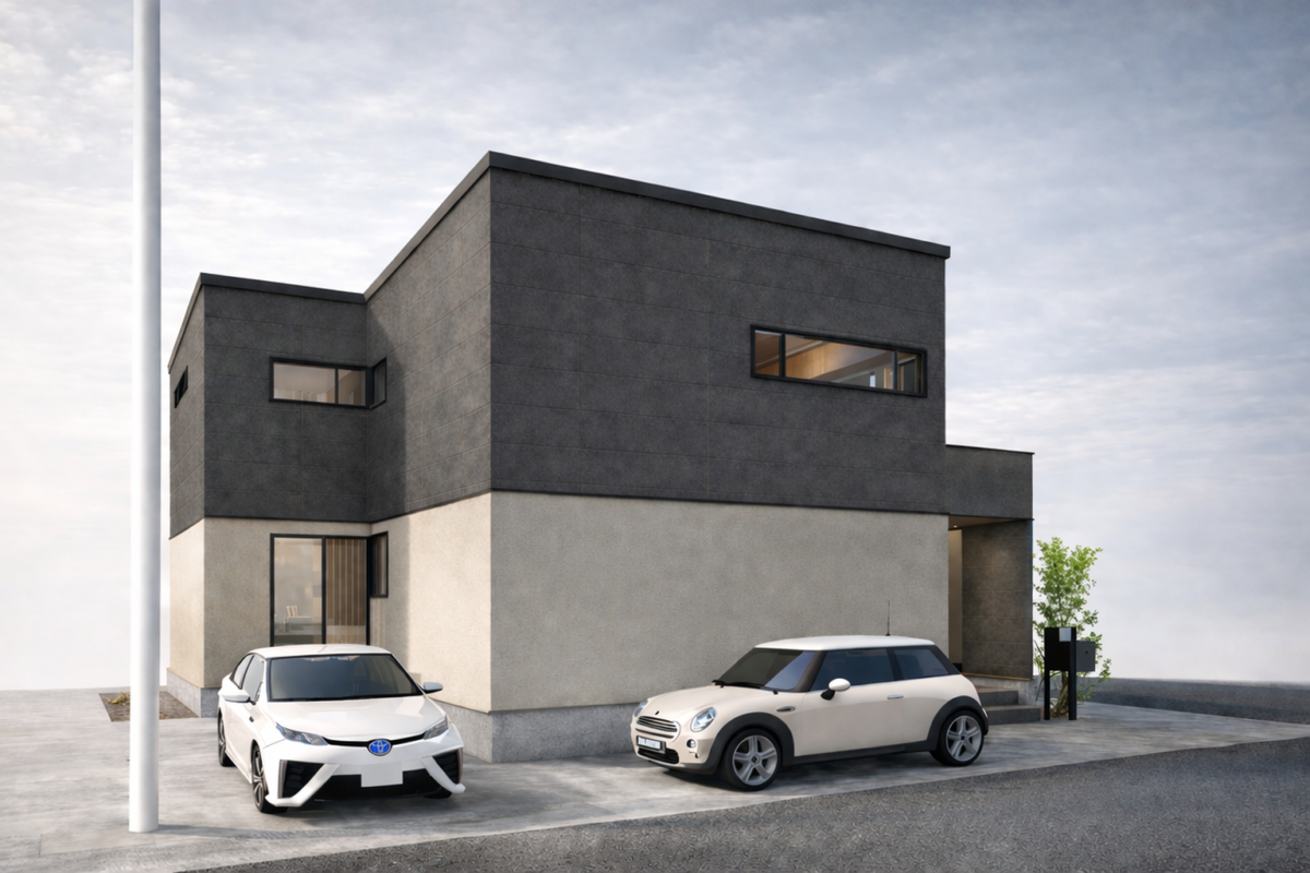 豊中市上野東の2階建て注文住宅外観、シンプルモダンで高級感のあるデザイン